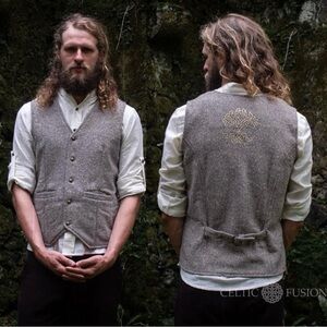 Celtic Fusion Irish Embroidered Tree Of Life Tweed Wool Waist Coat Vest XL